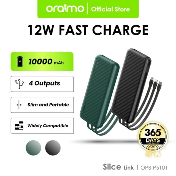 Oraimo Powerbank 10000mAH Slice Link 12W 3 Built-in Cables OPB-P5101