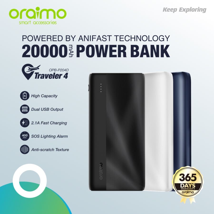 Oraimo Traveler 4 Powerbank 20000mAh Dual USB Fast Charging OPB-P204D