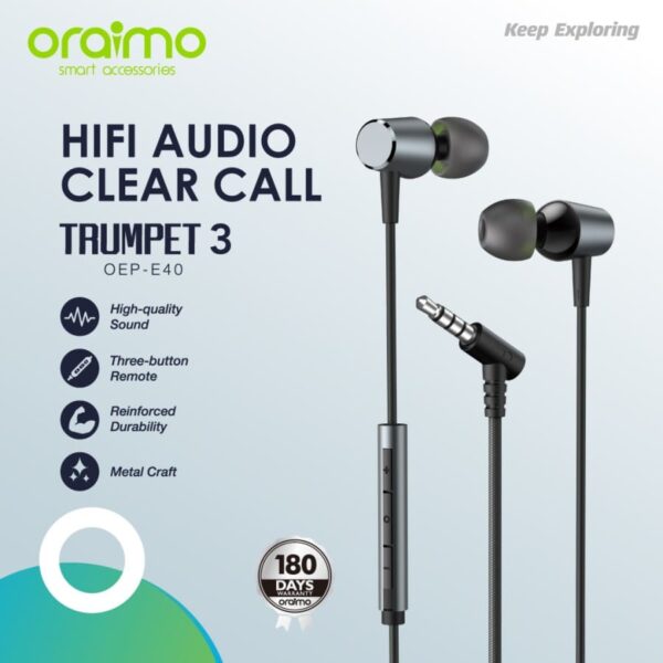 Oraimo Trumpet 3 Earphone Headset Kabel Bahan Metal dan Mic - OEP-E40