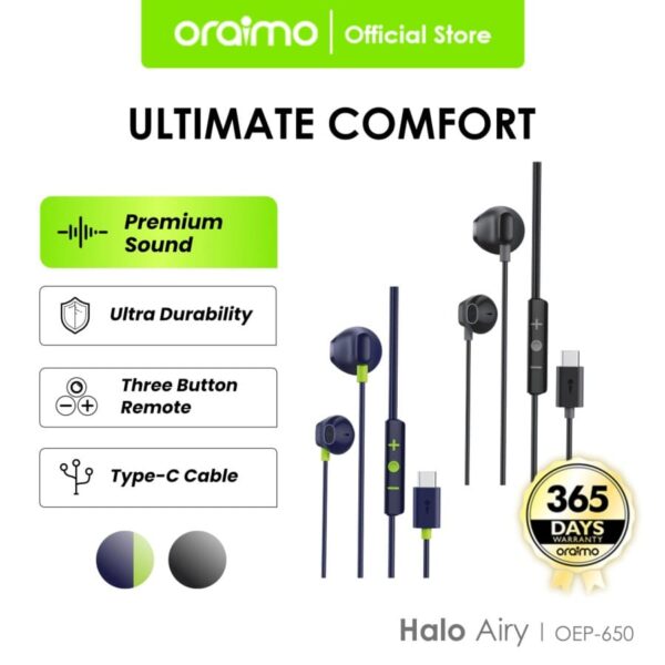 Oraimo Wired Earphone Kabel Headphone Type-C Halo C 1.2 Meter OEP-650