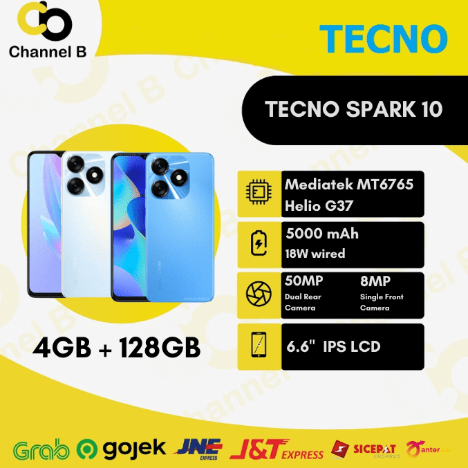 Tecno Spark 10 [ 4GB / 128GB ] Smartphone – Garansi Resmi – Channel B Store