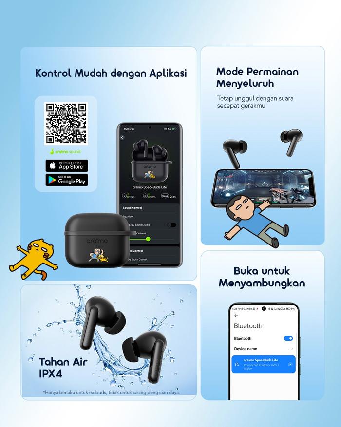 oraimo x Tahilalats TWS Bluetooth Spacebuds Lite OTW-324 True Wireless Stereo Sound360 Spatial Audio IPX4 Waterproof Gaming Mode 30H Long Playtime HavyBass - Gambar 6