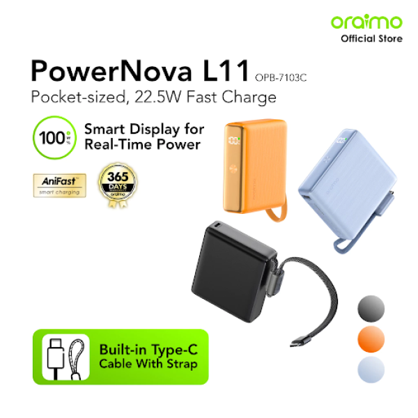 oraimo Powerbank Mini OPB-7103C PowerNova L11 Kapasitas Nyata 10000 mAH Pocket Size 22.5W Fast Charging Dual Port With Type C Built In Cable Strap