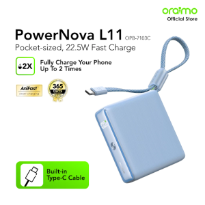 oraimo Powerbank Mini OPB-7103C PowerNova L11 Kapasitas Nyata 10000 mAH Pocket Size 22.5W Fast Charging Dual Port With Type C Built In Cable Strap