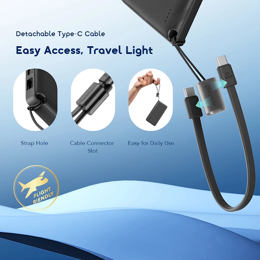 oraimo Powerbank PowerFlow L1 OPB-1103 Kapasitas Nyata 10000 mAH 15 W 3 Output Ports Fast Charging With Type C Built In Cable Strap - Gambar 3