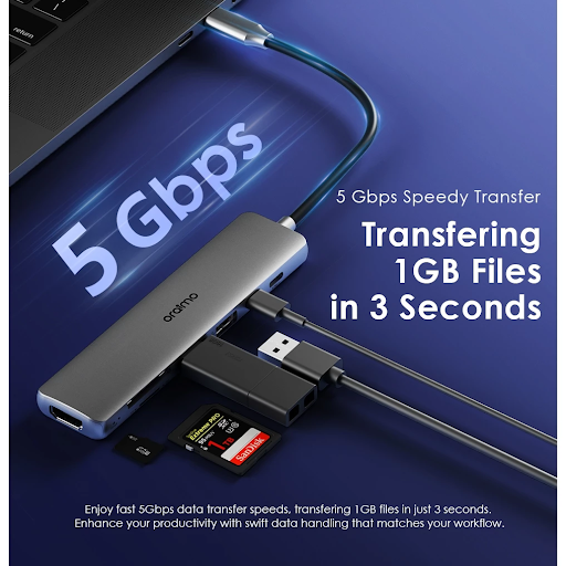 oraimo USB Hub PowerTrans OUH-511 7-in1 Speedy Docking Station 5 Gbps PD3.0 100W Laptop Fast Charge HDMI 4K HD Video Display Compact Portable With LED Indicator - Gambar 4