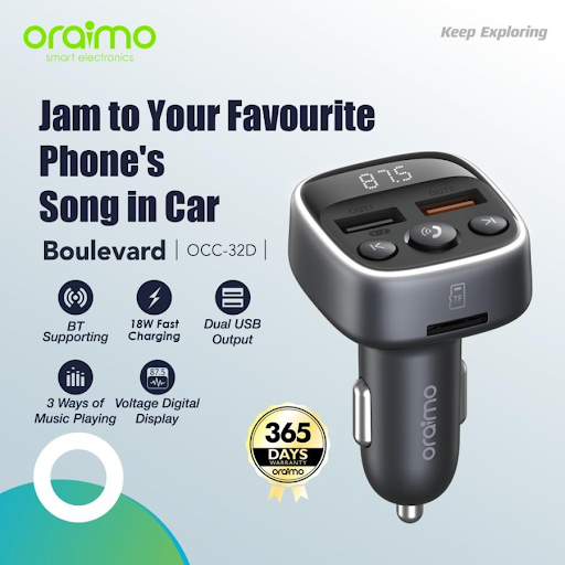 oraimo Pengisi Daya Mobil USB Output Ganda Boulevard Casan Colokan Mobil 18W Memutar Musik Tampilan Digital OCC-32D Gadget Panjang Hitam Dual Car Charger Play Music Display Black