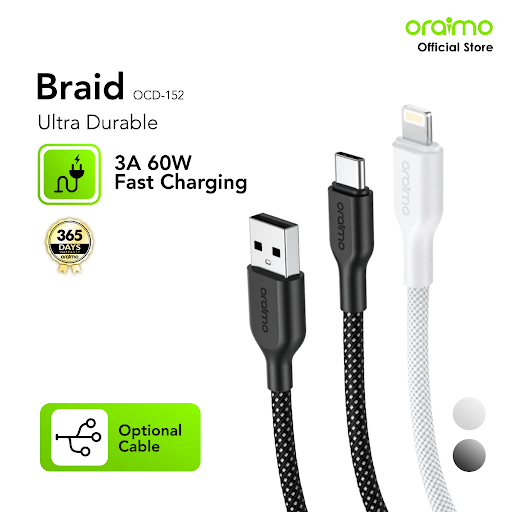 oraimo Kabel Data Braid Kabel Lightning Micro USB Tipe C 3A Pengisian Cepat 60w OCD-152 Fast Charging ultra Durable