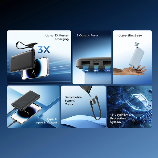 oraimo Powerbank PowerFlow L1 OPB-1103 Kapasitas Nyata 10000 mAH 15 W 3 Output Ports Fast Charging With Type C Built In Cable Strap - Gambar 8