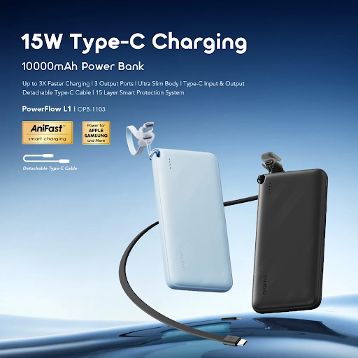 oraimo Powerbank PowerFlow L1 OPB-1103 Kapasitas Nyata 10000 mAH 15 W 3 Output Ports Fast Charging With Type C Built In Cable Strap - Gambar 9