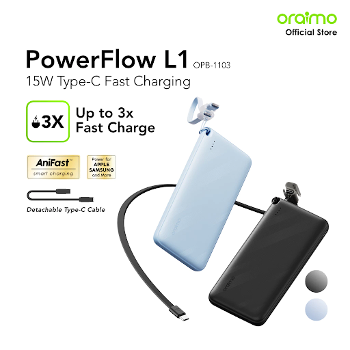 oraimo Powerbank PowerFlow L1 OPB-1103 Kapasitas Nyata 10000 mAH 15 W 3 Output Ports Fast Charging With Type C Built In Cable Strap