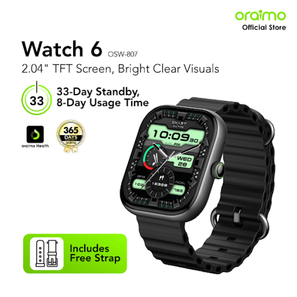 oraimo Smartwatch Watch 6 Nano OSW-807 Jam Tangan Pintar Layar TFT 2.04" Anti Scratch Panda Glass AI Generated Watch Face IP68 Waterproof 100+ Sports Mode