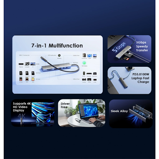 oraimo USB Hub PowerTrans OUH-511 7-in1 Speedy Docking Station 5 Gbps PD3.0 100W Laptop Fast Charge HDMI 4K HD Video Display Compact Portable With LED Indicator - Gambar 6