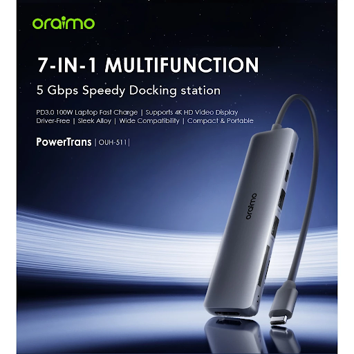 oraimo USB Hub PowerTrans OUH-511 7-in1 Speedy Docking Station 5 Gbps PD3.0 100W Laptop Fast Charge HDMI 4K HD Video Display Compact Portable With LED Indicator - Gambar 7