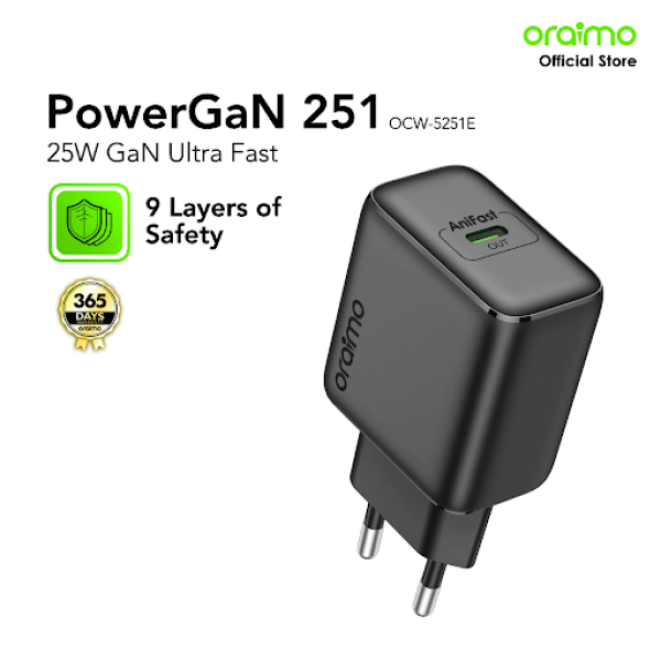 oraimo Pengisi Daya Adaptor Dinding Portabel PowerGan 251 OCW-5251 Pengisian Cepat 25W Fast Charging PD3.0 QC3.0 Compact Portable Anifast Cable