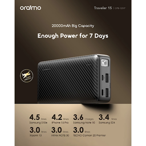 oraimo Powerbank Traveler 12 Real Capacity 20000mAh OPB-1201 Fast Charging Type-C 2 Input 3 Output LED Torch - Gambar 5