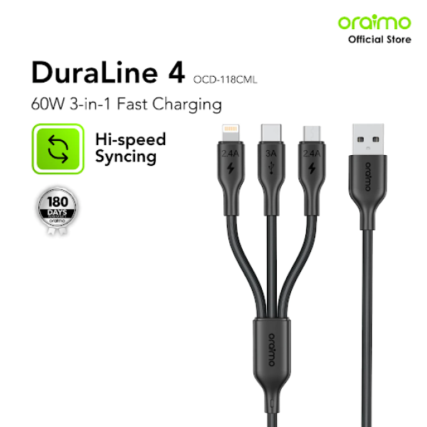 oraimo Kabel Data 3in1 Pengisian Cepat 60w Tipe-C Micro USB Lightning Perlindungan Panas Kabel Data OCD-118CML oraimo Kabel Data 3in1 Pengisian Cepat 60w Tipe-C Micro USB Lightning Perlindungan Panas Kabel Data OCD-118CML