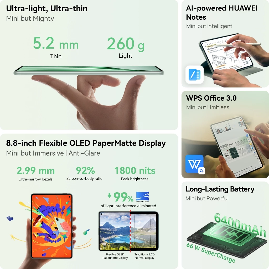 HUAWEI MatePad Mini 12GB + 256GB Tablet | Ultra-light, Ultra-thin | 8.8" Flexible OLED PaperMatte Display | AI WPS Office 3.0 - Garansi Resmi - Gambar 2